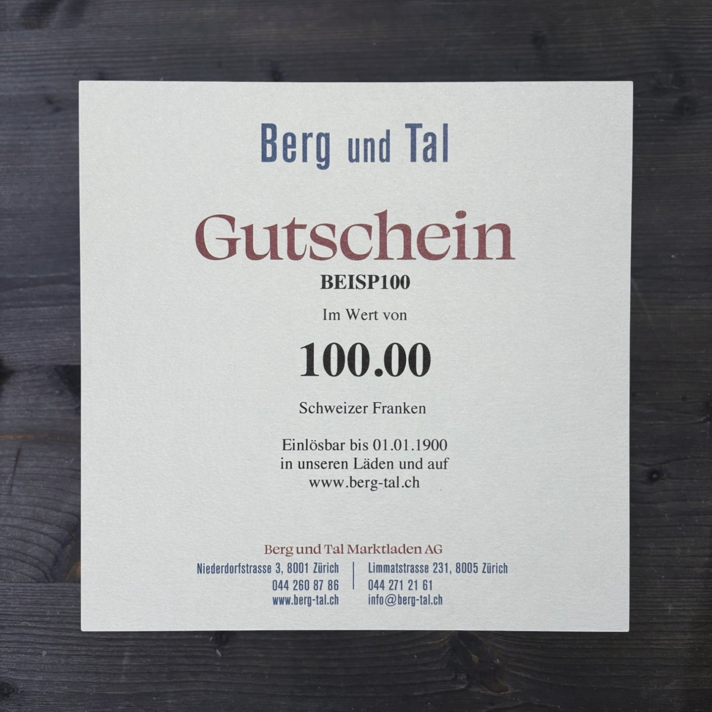 Berg und Tal Gutschein 100 Franken