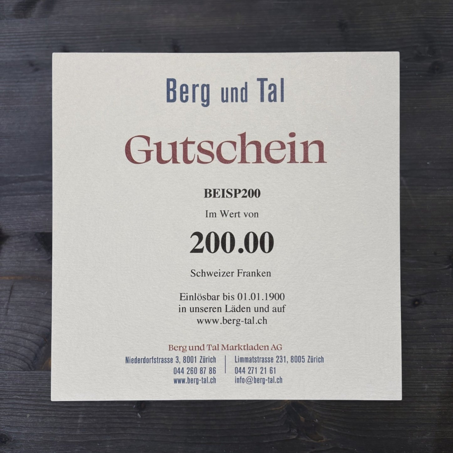 Berg und Tal Gutschein 200 Franken